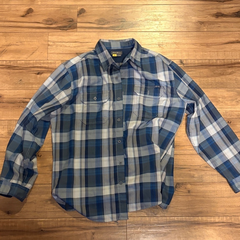 Eddie Bauer Blue and White Plaid Casual Shirt